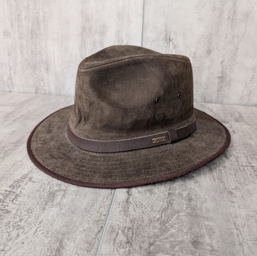 DeLux Brown Leather Safari Hat Fedora Size Large XL
